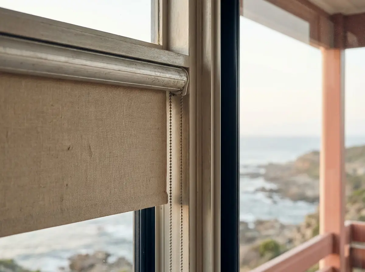 Close-up of a flat linen-texture roller blind fabric and bead-chain mechanism on a window overlooking the Plettenberg Bay coastline