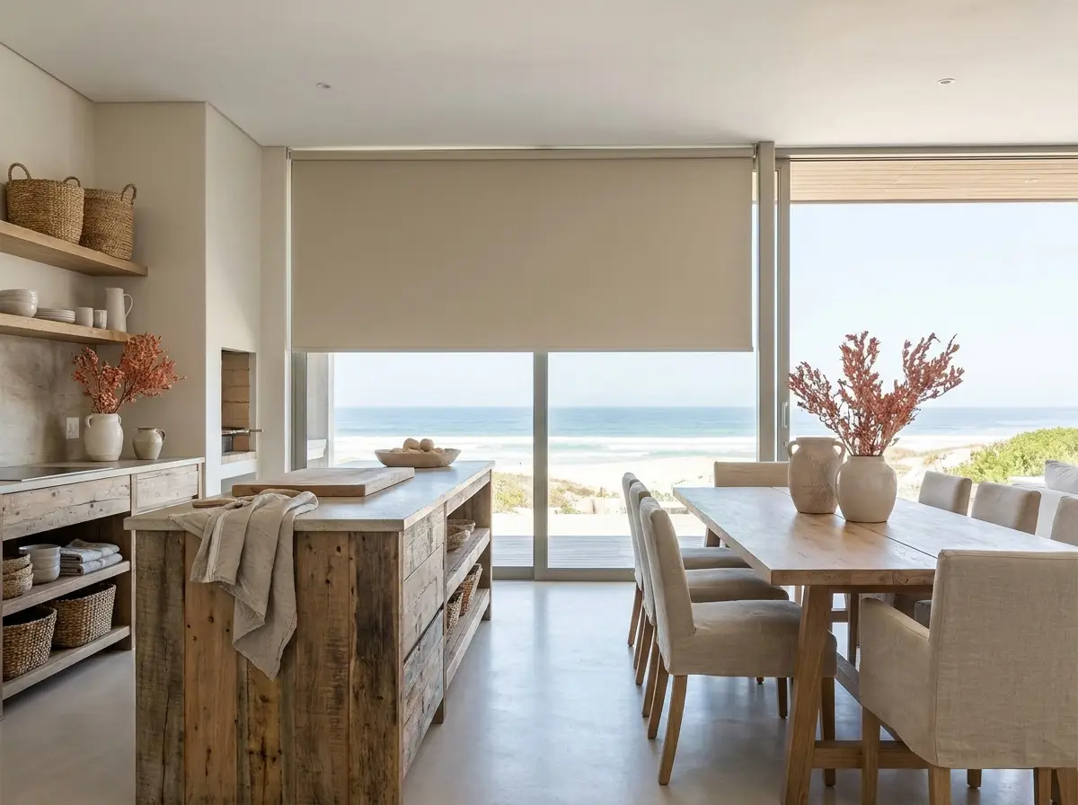 Open-plan kitchen and dining area in a Plettenberg Bay beach house with a flat sand-coloured roller blind partially covering a sliding glass door onto the beach and ocean